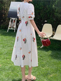 Amozae-nye outfits back to school dress  Floral Lace Trim Puff Sleeve Midi Dress