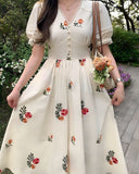Amozae-nye outfits back to school dress  Floral Lace Trim Puff Sleeve Midi Dress