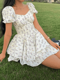 Amozae-nye outfits back to school dress  Floral Puff Sleeve Corset Tiered Mini Dress