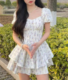 Amozae-nye outfits back to school dress  Floral Puff Sleeve Corset Tiered Mini Dress