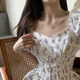Amozae-nye outfits back to school dress  Floral Puff Sleeve Corset Tiered Mini Dress