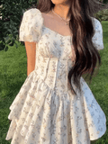 Amozae-nye outfits back to school dress  Floral Puff Sleeve Corset Tiered Mini Dress