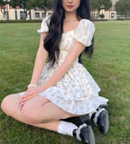 Amozae-nye outfits back to school dress  Floral Puff Sleeve Corset Tiered Mini Dress