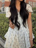 Amozae-nye outfits back to school dress  Floral Puff Sleeve Corset Tiered Mini Dress