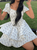 Amozae-nye outfits back to school dress  Floral Puff Sleeve Corset Tiered Mini Dress