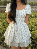 Amozae-nye outfits back to school dress  Floral Puff Sleeve Corset Tiered Mini Dress