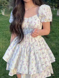 Amozae-nye outfits back to school dress  Floral Puff Sleeve Corset Tiered Mini Dress