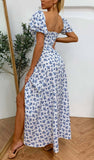 Amozae-nye outfits back to school dress  Floral Puff Sleeve Slit Front Midi Dress