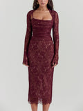 Amozae-nye outfits back to school dress  Gaia Claret Lace Midi Dress