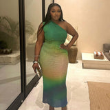 Amozae-nye outfits back to school dress  Gradient One-Shoulder Mesh Maxi Dress