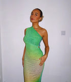 Amozae-nye outfits back to school dress  Gradient One-Shoulder Mesh Maxi Dress