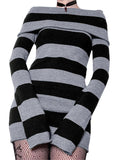 Amozae-nye outfits back to school dress  Knitted Off-Shoulder Long Sleeve Striped Mini Dress