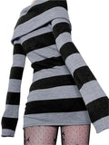 Amozae-nye outfits back to school dress  Knitted Off-Shoulder Long Sleeve Striped Mini Dress
