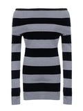 Amozae-nye outfits back to school dress  Knitted Off-Shoulder Long Sleeve Striped Mini Dress