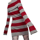 Amozae-nye outfits back to school dress  Knitted Off-Shoulder Long Sleeve Striped Mini Dress
