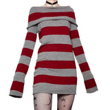Amozae-nye outfits back to school dress  Knitted Off-Shoulder Long Sleeve Striped Mini Dress
