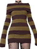 Amozae-nye outfits back to school dress  Knitted Off-Shoulder Long Sleeve Striped Mini Dress