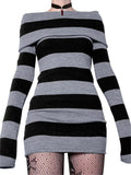 Amozae-nye outfits back to school dress  Knitted Off-Shoulder Long Sleeve Striped Mini Dress