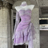 Amozae-nye outfits back to school dress  Lilac Ruffles Assymetric Flower Mini Dress (PRE-ORDER)