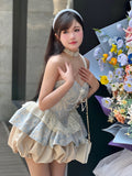 Amozae-nye outfits back to school dress  Lolita Pearl Chain Layered Tube Mini Dress