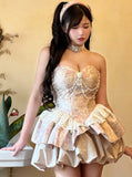 Amozae-nye outfits back to school dress  Lolita Pearl Chain Layered Tube Mini Dress