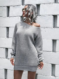 Amozae-nye outfits back to school dress  Loose Round Neck Solid Sweater Dress