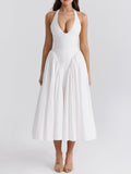 Amozae-nye outfits back to school dress  Marilyn White Cotton Halter Midi Sundress