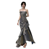 Amozae-nye outfits back to school dress  Metallic Asymmetric Tiered Ruffle Rosette Dress