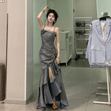 Amozae-nye outfits back to school dress  Metallic Asymmetric Tiered Ruffle Rosette Dress