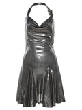 Amozae-nye outfits back to school dress  Metallic Cowl Halter Neck Pleated Mini Dress