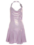 Amozae-nye outfits back to school dress  Metallic Cowl Halter Neck Pleated Mini Dress