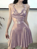 Amozae-nye outfits back to school dress  Metallic Cowl Halter Neck Pleated Mini Dress
