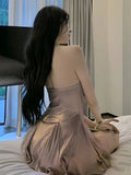 Amozae-nye outfits back to school dress  Metallic Cowl Halter Neck Pleated Mini Dress