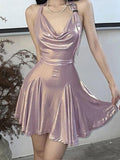 Amozae-nye outfits back to school dress  Metallic Cowl Halter Neck Pleated Mini Dress