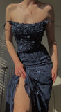 Amozae-nye outfits back to school dress  Navy Blue Floral Embroidered Chiffon Maxi Dress