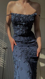 Amozae-nye outfits back to school dress  Navy Blue Floral Embroidered Chiffon Maxi Dress