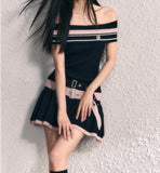 Amozae-nye outfits back to school dress  Off Shoulder Double Belt Knit Dress