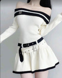 Amozae-nye outfits back to school dress  Off Shoulder Double Belt Knit Dress