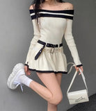 Amozae-nye outfits back to school dress  Off Shoulder Double Belt Knit Dress