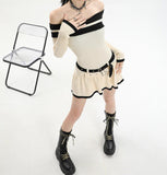 Amozae-nye outfits back to school dress  Off Shoulder Double Belt Knit Dress
