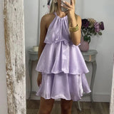 Amozae-nye outfits back to school dress  Organza Halterneck Layered Mini Dress