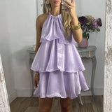 Amozae-nye outfits back to school dress  Organza Halterneck Layered Mini Dress