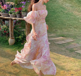 Amozae-nye outfits back to school dress  Pink Chiffon Off Shoulder Floral Puff Sleeves Maxi Dress