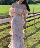 Amozae-nye outfits back to school dress  Pink Chiffon Off Shoulder Floral Puff Sleeves Maxi Dress