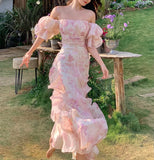 Amozae-nye outfits back to school dress  Pink Chiffon Off Shoulder Floral Puff Sleeves Maxi Dress