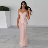Amozae-nye outfits back to school dress  Pink Embellished Corset Draped Mesh Maxi Dress