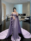 Amozae-nye outfits back to school dress  Purple Satin Off-Shoulder Draped Maxi Dress