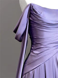 Amozae-nye outfits back to school dress  Purple Satin Off-Shoulder Draped Maxi Dress