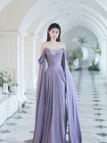 Amozae-nye outfits back to school dress  Purple Satin Off-Shoulder Draped Maxi Dress
