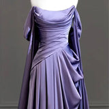 Amozae-nye outfits back to school dress  Purple Satin Off-Shoulder Draped Maxi Dress